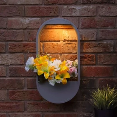 Image of Festive Lights 50cm Solar Powered Grey Oval Wall Planter with Warm White LED Light IP44 Weather Resistant Design Modern Outdoor Metal Basket for Flowers Foliage and Decorative Displays