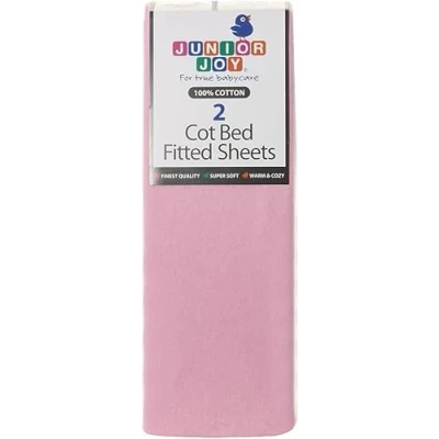 Image of Junior Joy Cot Bed Fitted Sheets, 100% Cotton, Oeko Tex Standard 100, Soft and Breathable, 70 x 140cm, for Baby Toddler, Pack of 2 Pink