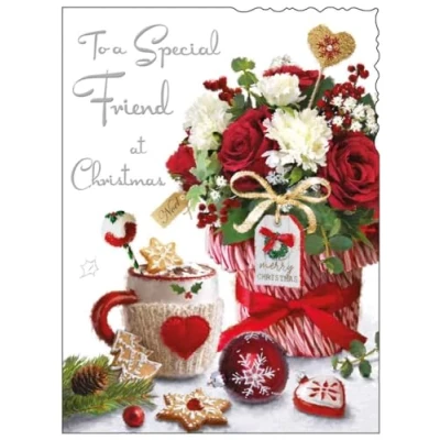 Image of Special Friend Christmas Card Winter Flowers and Hot Chocolate Artistic Festive Design Finishes Illustrated Insert Leaf Made in the UK