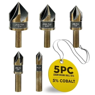 Image of JNBPRO COUNTERSINK DRILL BIT SET FOR METAL,5 PC HIGH SPEED STEEL WITH 5% COBALT HSS Co M35 GRADE, SIZES 1/4&quot;, 3/8&quot;, 1/2&quot;, 5/8&quot; &amp; 3/4&quot;,1/4&quot; ROUND SHANK,METAL
