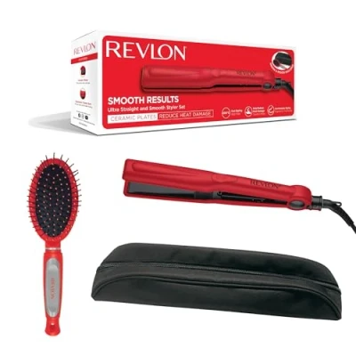Image of REVLON Ultra Straight and Smooth Styler Set (200C Fast with Ceramic Plates Gift Brush Storage Pouch) RVST2176GP