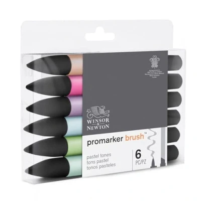 Image of Winsor &amp; Newton, Promarker Brush, Pastel Tones, Set of 6, Alcohol Based Dual Tip Markers