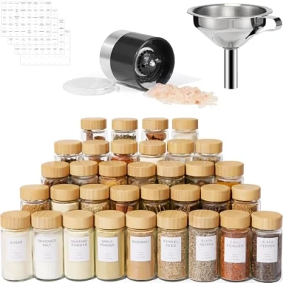 Image of Yangbaga 35PCS Glass Spice Jars set With Bamboo Lids Shaker Spices &amp; Seasoning Kitchen Storage Organisation of And Labels Stickers………