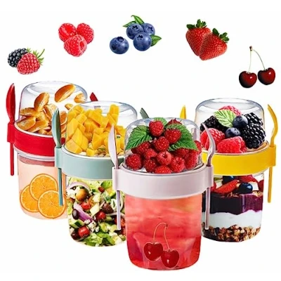 Image of VL 4PCs Yogurt Pots Reusable 800ml Overnight Oats Muesli Container with Spoon &amp; Fork BPA free Breakfast Cereal On the Go Dishwasher Safe Lunch Box Oatmeal Jars (Red, Pink, Grey Yellow)