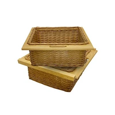 Image of 2 x Pull Out Wicker Basket Drawer 600mm Kitchen Storage Solution Larder Base Unit Cupboard with Handle Rustic Pine Wood Farmhouse Style 100% Handmade Rattan Brown