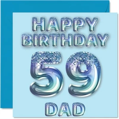 Image of 59th Birthday Card for Dad Blue Glitter Party Balloons Happy Cards 59 Year Old Father from Son Daughter, 145mm x Bday Greeting Gift