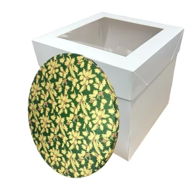 Image of LARRYROO Tall White Cake Box Extra Deep with Clear Display Window &amp; Festive Round Christmas Drum Board Combo (Green, 10 Inch)