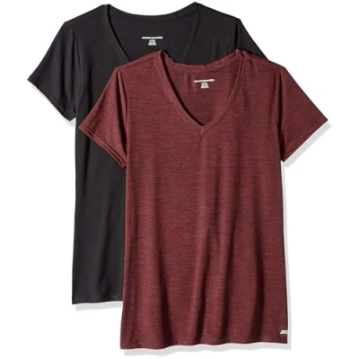 Image of Amazon Essentials Women&#039;s Tech Stretch Short Sleeved V Neck T Shirt (Available in Plus Sizes), Pack of 2, Black/Burgundy Space Dye, M