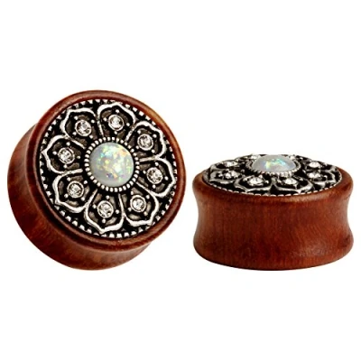 Image of KUBOOZ(1 Pair Vintage Wood Opal Center Flower Ear Plugs Tunnels Gauges Stretcher Piercings