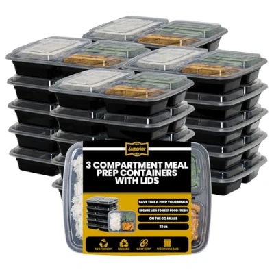 Image of Superior 10 Pack Meal Prep Containers 32oz Reusable 3 Compartment Food ContainersMicrowave and Dishwasher Safe Plastic with Lid Divided Bento Box Lunch Tray