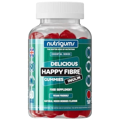 Image of Happy Fibre (Inulin) Chicory Root Prebiotic Gummy Mixed Berry Flavour 60 Vegan Gummies Zero Added Sugar 3.8g Gut Health and Digestive System Support by NUTRIGUMS®