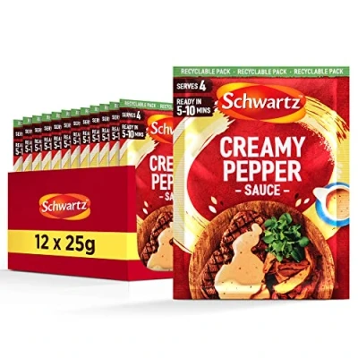 Image of Schwartz Creamy Pepper Sauce 25 G Serves 4 Pack of 12 Rich &amp; Delicious Steak With Aromatic Crushed Black and White Peppercorn No Added MSG Artificial Colours Flavourings