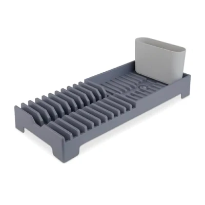 Image of Tower T814001GRY Plastic Dish Drying Rack with Removable Cutlery Holder, Drainage Spout, Sloping Base, Grey
