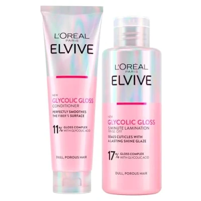 Image of L&#039;Oréal Paris Elvive Glycolic Gloss Acid Hair Set with Conditioner 150ml + 5 Minute Lamination Treatment for Dull and Porous 200ml 2 Bottles