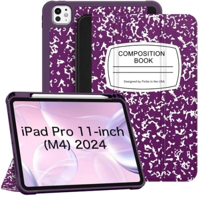 Image of Fintie SlimShell Case for iPad Pro 11 inch M4 (2024) (Model Number: A2836/A2837/A3006) [Built in Pencil Holder] Soft Flexible TPU Protective Stand Back Cover, Composition Book Purple