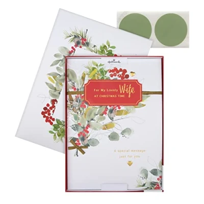 Image of Hallmark Christmas Card, Wife Boxed With Gold Foil Details, Seasonal Foliage