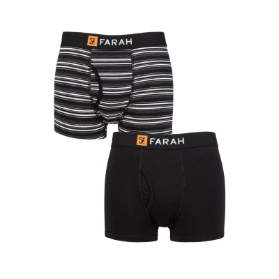Image of Mens 2 Pack Farah Plain and Striped Cotton Classic Keyhole Trunks Black / Charcoal M