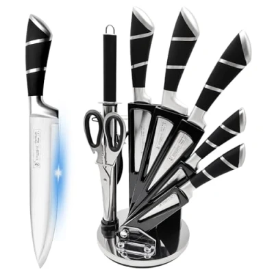 Image of Kitchen Knife Set, 9 Piece Professional Set with 360 Degree Rotating Acrylic Stand, Stainless Steel Sharp Chef Knives Ergonomic Handle, Block