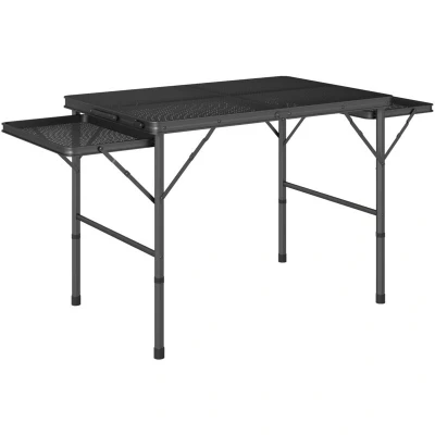 Image of Outsunny Folding Grill Table, 4.5ft Portable Camping Table with 2 Wing Panels, Height Adjustable Metal Picnic for Camping, and BBQ, Black