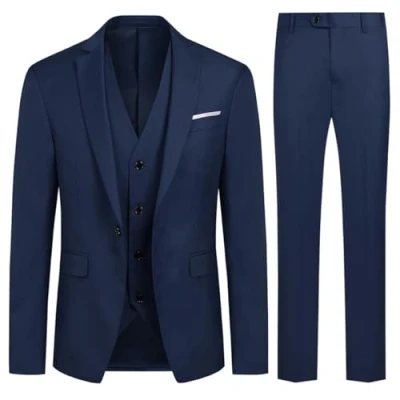 Image of Allthemen 3 Piece Slim Fit Suit Wedding Dress Casual One Button Lounge Suit,XL ,Navy