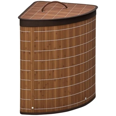Image of HOMCOM Bamboo Laundry Basket with Lid, 55 Litres Hamper Removable Washable Lining, Corner Washing Baskets, 38 x 57cm, Brown