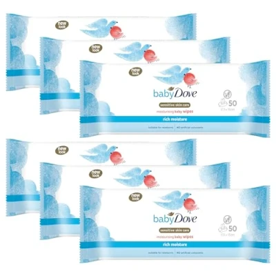 Image of Baby Dove Sensitive Skin Care Wipes, Rich Moisture Soft Cleansing, Moisturising &amp; Gentle Wet Tissue for Newborns Infants, Perfect Nursery Travel Essentials, Resealable Pack of 6