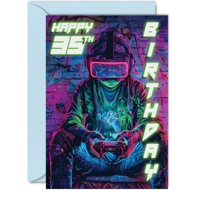 Image of 35th Birthday Cards for Men Women Video Game Gamer Happy 35 Card Brother Sister Uncle Auntie Friend, 5x7 Inch Thirty Five Fifth Bday Greeting