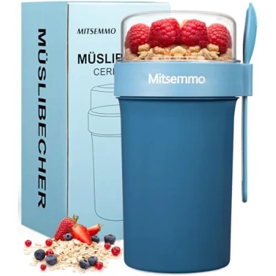 Image of Mitsemmo Cereal Cup On The Go,760ml+230ml Muesli Cup,Breakfast Pots to Go,Yogurt and Granola Pot with Sauce Container,Travel Bowl Milk Container,Reusable Overnight Oats Jar Lid &amp; Spoon