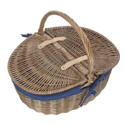 Image of Red Hamper EH001N Wicker Antique Wash Finish Oval Picnic Basket with Blue Lining