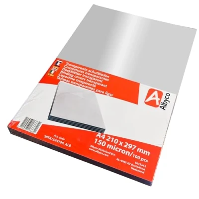 Image of Albyco Transparent Glossy Covers, Thickness 0.15 mm/150 Micron, Format A4, 210x297 mm, PVC Cover, Binding Plates, Covers