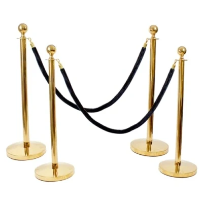 Image of 4 Brass Red Carpet Stanchion Rope Barriers Pole Safety With 2 Black Velvet Ropes Gold Hooks