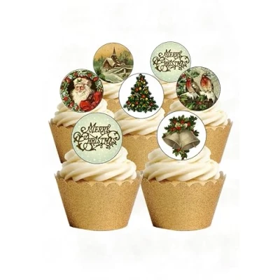 Image of 24 Precut Traditional Vintage Style Christmas Edible Wafer Paper Cupcake Toppers Decorations