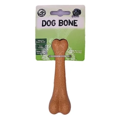 Image of GATG small tough and durable chew teething bone shaped dog toy for all medium large dogs made of wood fibre material, Beef/Bacon flavoured scented (Bacon, Small)