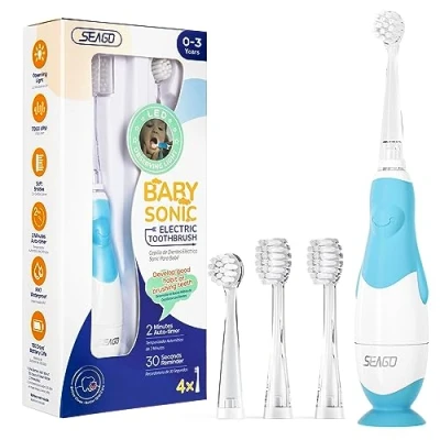 Image of Seago Baby Electric Toothbrush,Children&#039;s Power Toothbrushes with 4 Brush Heads and Led Light, 2 Min Timer for Children Aged 6 Months to Years, Penguin Shape Design SG513(Blue)…