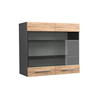 Image of Vicco Glass kitchen cabinet Fame Line, Gold power oak/Anthracite, 80 cm