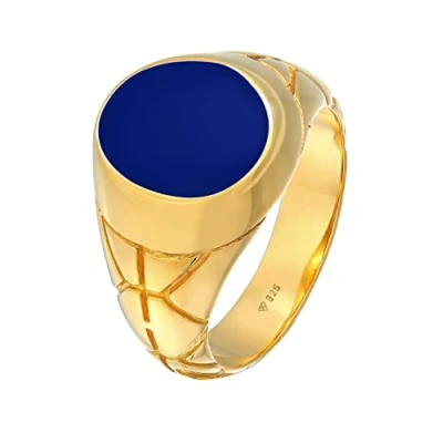 Image of Kuzzoi 0609981521 Men&#039;s Signet Ring Oval Enamel Blue 13 mm Wide 925 Sterling Silver Gold Plated Golden Decorated for Men Size 54 66 mm,