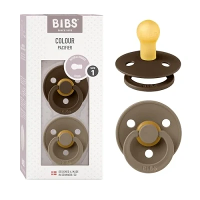 Image of BIBS Colour Soother 2 Pack, BPA Free Dummy Pacifier, Round Nipple. Natural Rubber Latex, Size 1 (0 6 Months), Mocha/Dark Oak