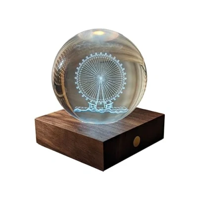 Image of Gingko Amber 3D Laser Engraved Premium Crystal Light with Wooden Walnut Base, LED Lights, Touch Control Button, 4 Brightness, USB C Charging, Packed in Gift Box (Ferris Wheel)