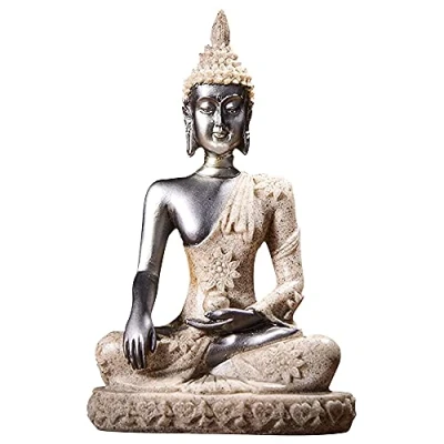 Image of ANCLLO The Hue Sandstone Meditation Buddha Statue Sculpture Hand Carved Figurine Black Golden #8132