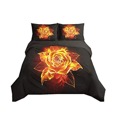 Image of Duvet Cover Set Rose Flower 3D Digital Printing Romantic Floral Bedding Girl Woman Black Blue Gold Red Quilt with Pillowcase, Microfiber (Orange, Double)