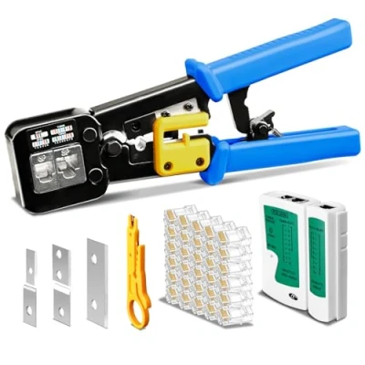 Image of Hiija RJ45 Crimp Tool Pass Through CAT6 Cat5e Cat5 Crimping for RJ45/RJ12 Regular Plugs, Ethernet with 50PCS Connectors and Network Cable Tester