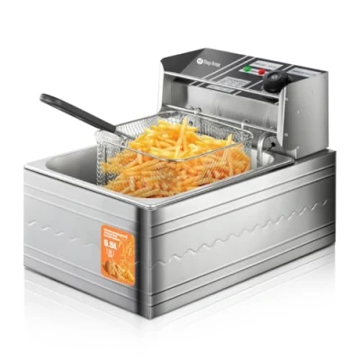 Image of Maya Range Electric Deep Fat Fryer, 5.5 Litre Commercial Fryer Easy Clean, Adjustable Temperature Control, Chip Pan with Basket &amp; Lid for Kitchen, Restaurant, 2500W, Stainless Steel