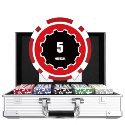 Image of HEITOK Casino Poker Set with Numbered Chips 1000 Piece for Card Board Game, 11.5 Gram Playing Cards Waterproof Texas Hold&#039;em, Blackjack Gambling, Club or Late Night Games