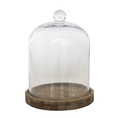 Image of Stonebriar 8.5 Inch Clear Glass Dome Cloche with Rustic Wooden Base, Brown