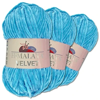 Image of Wohnkult Himalaya 3 x 100 g Velvet Dolphin Wool, 40 Colours to Choose From, Chenille Knitting Yarn, Fleece Shiny Accessory, Clothing, Blankets (90027 Light Blue)