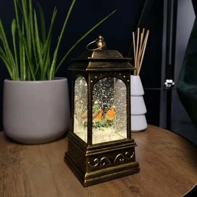 Image of Samuel ALEXANDER 21cm Battery Operated Christmas Robin Scene Glitter Water Spinner Lantern Decoration