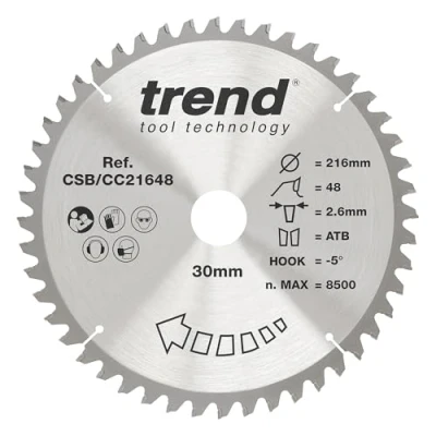 Image of Trend Wood Mitre Saw Blade, 216mm Diameter, 30mm Bore, 48 Teeth, TCT, 2.6mm Kerf, 5 Hook, CSB/CC21648