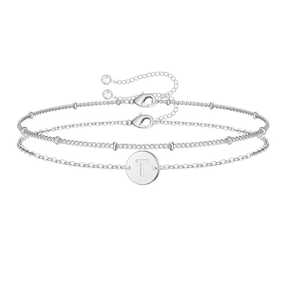 Image of TINGN Silver Initial Bracelets for Women Girls, 14k White Gold Filled Layered Letter T Bracelet Dainty Disc Charm Jewelry Gifts Girls
