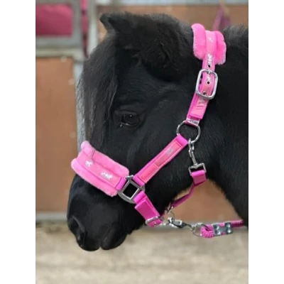 Image of Equipride Horse Print Faux Lined Nylon Headcollars with Matching Lead Rope PINK (Cob)