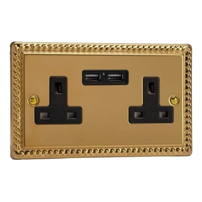 Image of Varilight 2 Gang, 13 Amp Unswitched Socket with Optimised USB Charging Ports, Black Insert. Classic Georgian Polished Brass Effect